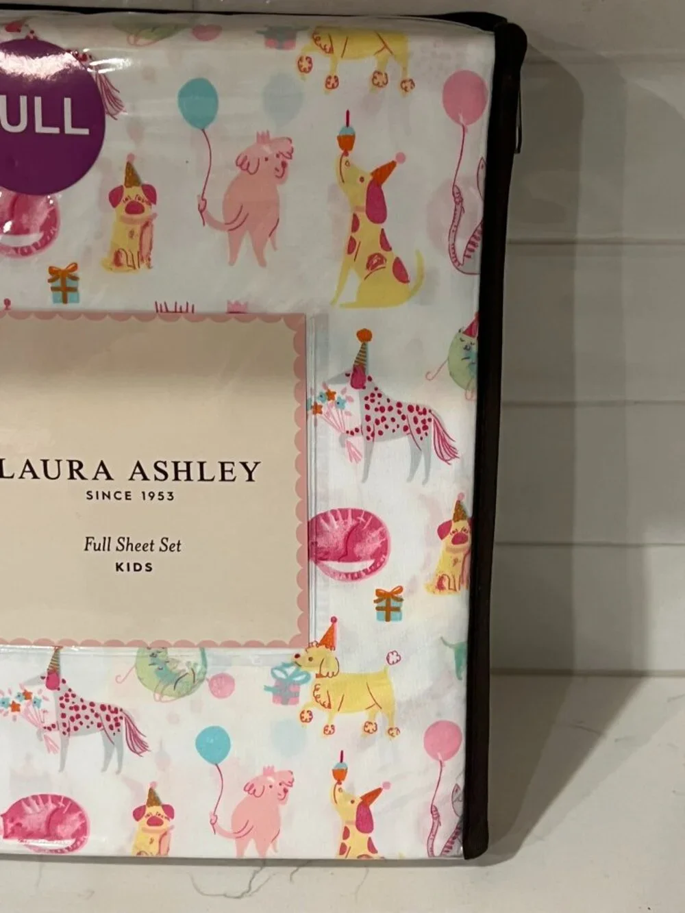 LAURA ASHLEY KIDS FULL White PARTY ANIMALS Sheet Set 4pc Dog Cat Pug Dachshund